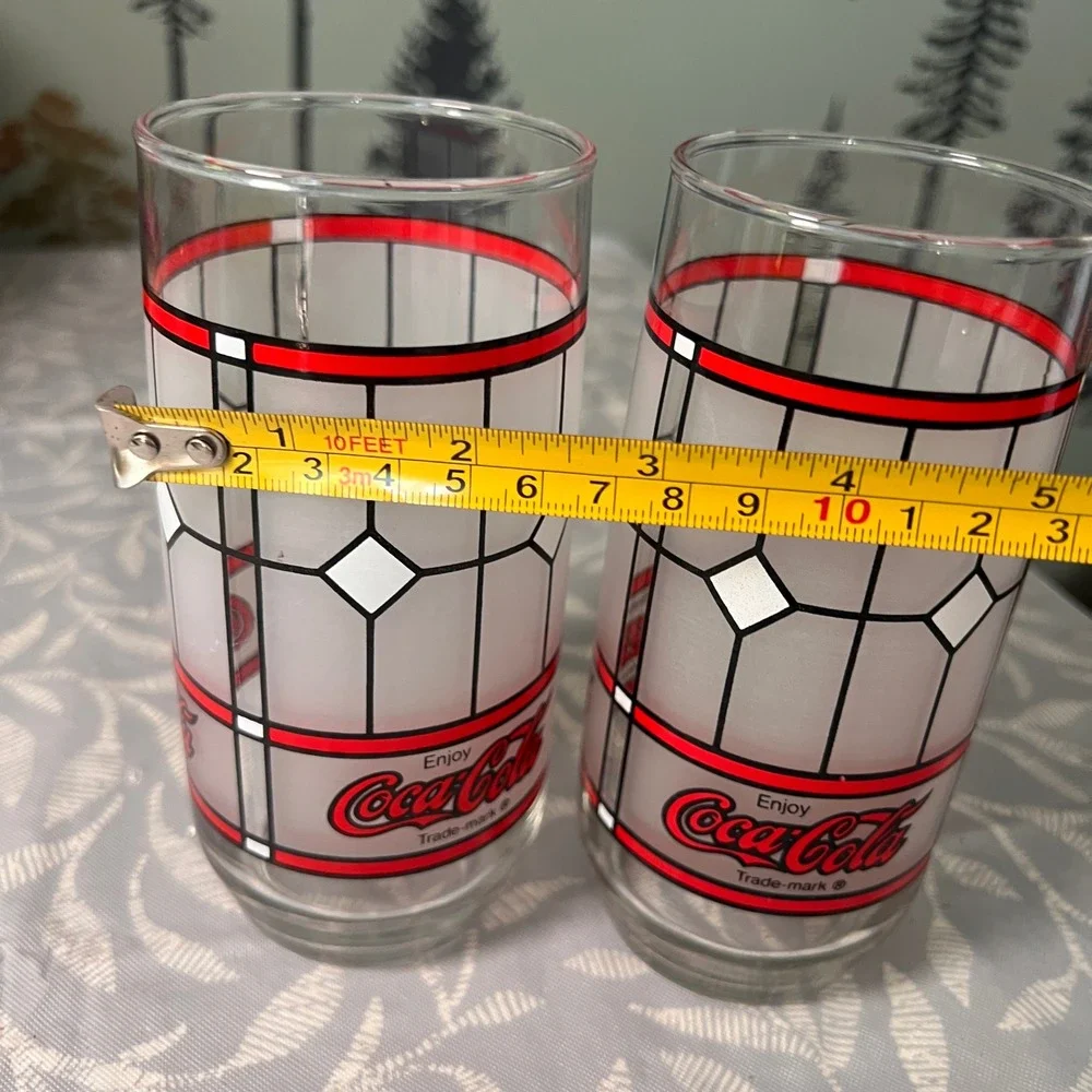 Vtg Coca-Cola Stained Glass Style Drinking Glasses Set of 2 Frosted Red White
